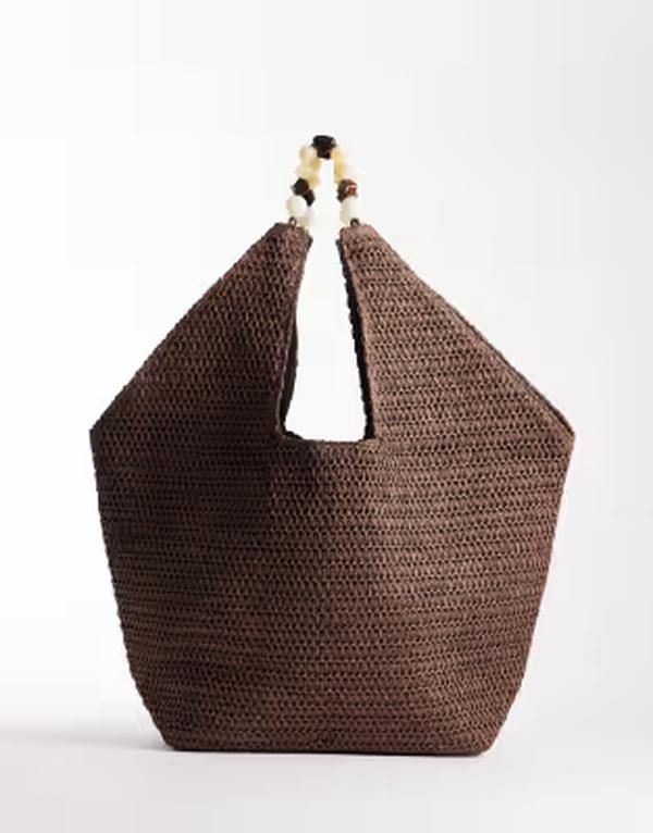 サウスビーチ レディース バッグ キャップ ケープ South Beach oversized landscape shoulder tote with resin beaded handle in chocolate BROWN ブラウン