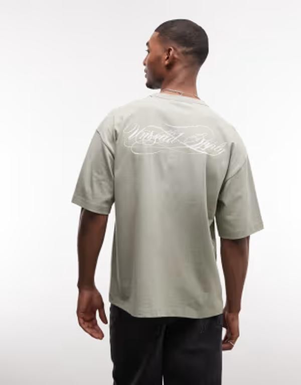 エイソス メンズ トップス Tシャツ グラフィック ASOS DESIGN heavyweight oversized tshirt with cursive text graphic wash SPRAY WASH GREEN グリーン 10,860円