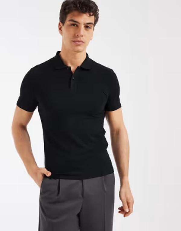 エイソス メンズ トップス ポロシャツ ASOS DESIGN essentials muscle fit polo pique Black ブラック