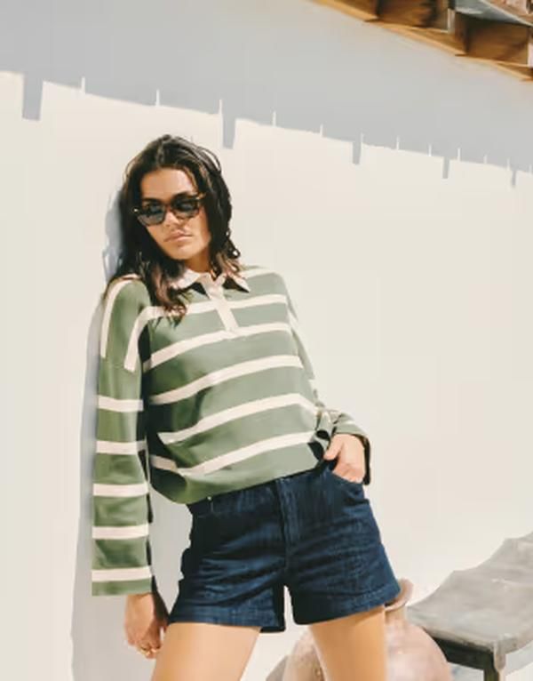 リズム レディース トップス ポロシャツ Rhythm rugby polo top in olive stripes Olive stripe オリーブ