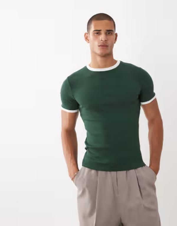 エイソス メンズ トップス Tシャツ ASOS DESIGN muscle fitshirt with ringer detail in dark green rib Mountain View グリーン