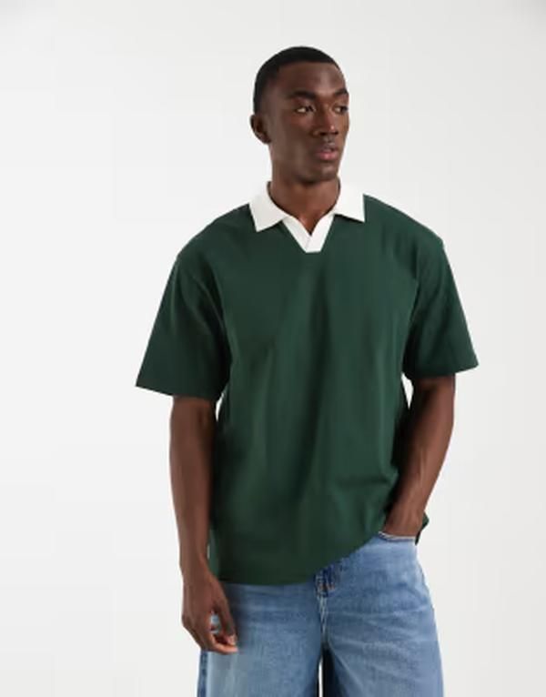 エイソス メンズ トップス ポロシャツ コントラスト ASOS DESIGN heavyweight relaxed polo with contrast collar in dark Mountain View グリーン