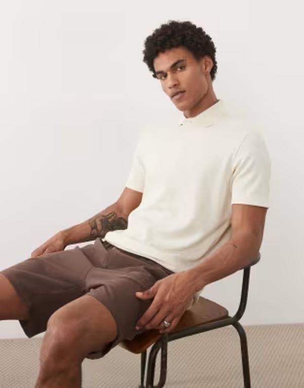 セレクティッド メンズ トップス ポロシャツ Selected textured short sleeve polo in cream Birch クリーム