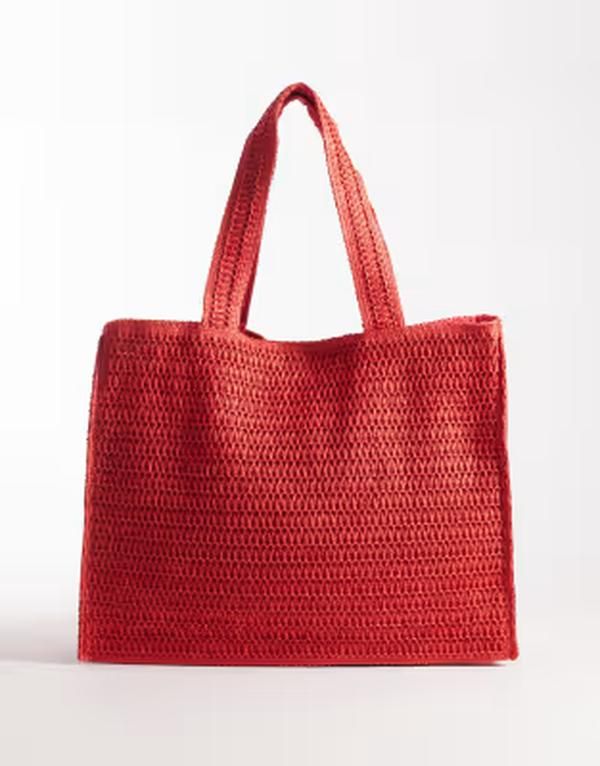 サウスビーチ レディース バッグ South Beach shoulder straw beach tote bag in tomato RED レッド