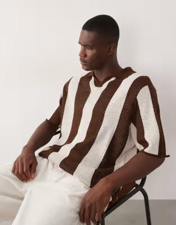 エイソス メンズ トップス ポロシャツ ニット ASOS DESIGN oversized knit stripe notch and ecru BROWN ブラウン 13,285円