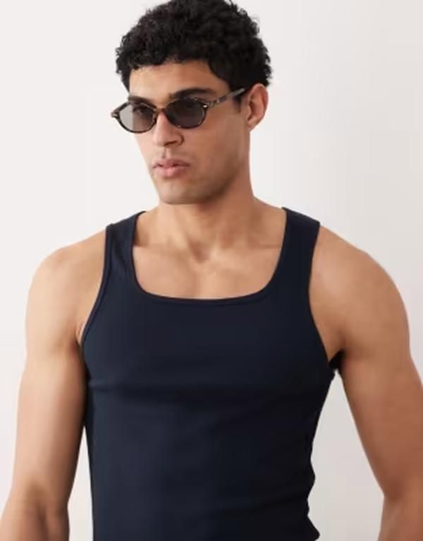 エイソス メンズ トップス ベスト リブ ASOS DESIGN muscle fit ribbed tank with square neck Sky captain ネイビー