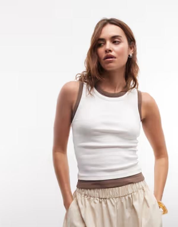 エイソス レディース トップス ベスト リブ ASOS DESIGN faux double layeribbed tank top in cream chocream Brown クリーム