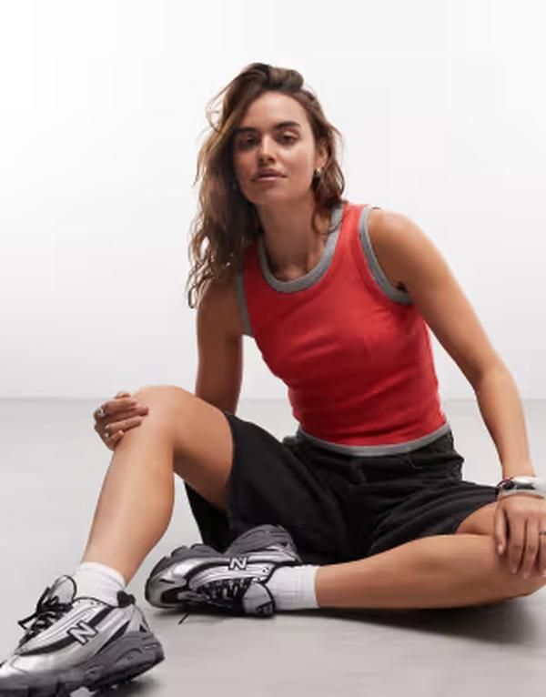 エイソス レディース トップス ベスト リブ ASOS DESIGN faux double layeribbed tank top in coral gray heather Coral mix コーラル