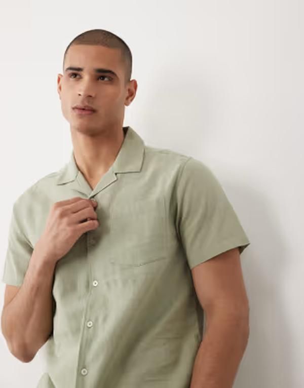 スリードベア メンズ トップス シャツ リネン Threadbare short sleeve linen mix shirt in sage GREEN グリーン