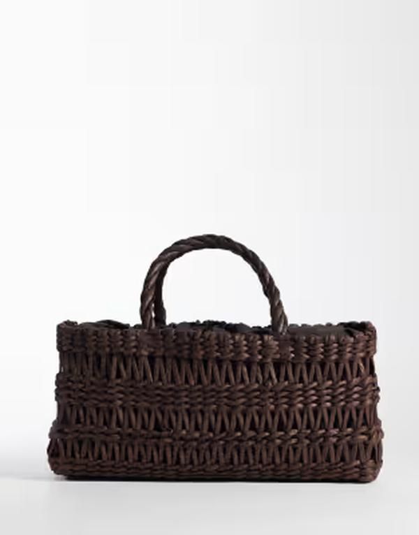 マンゴ レディース バッグ Mango woven rectangle tote bag in chocolate チョコレート