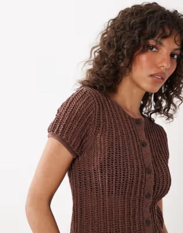 マンゴ レディース アウター カーディガン ニット Mango knit short sleeve cardigan BROWN ブラウン