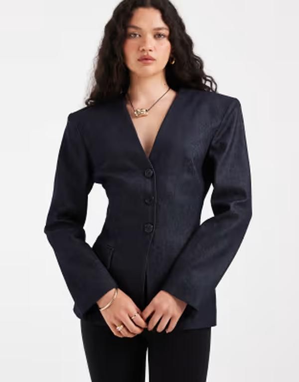 エイソス レディース アウター ジャケット・ブルゾン ブレザー ASOS DESIGN deep V cinch blazer indigo Rinse denim デニム