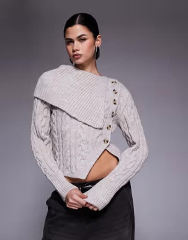 リバーアイランド レディース アウター ニット・セーター River Island Cable knit fold over sweater light BEIGE LIGHT ベージュ