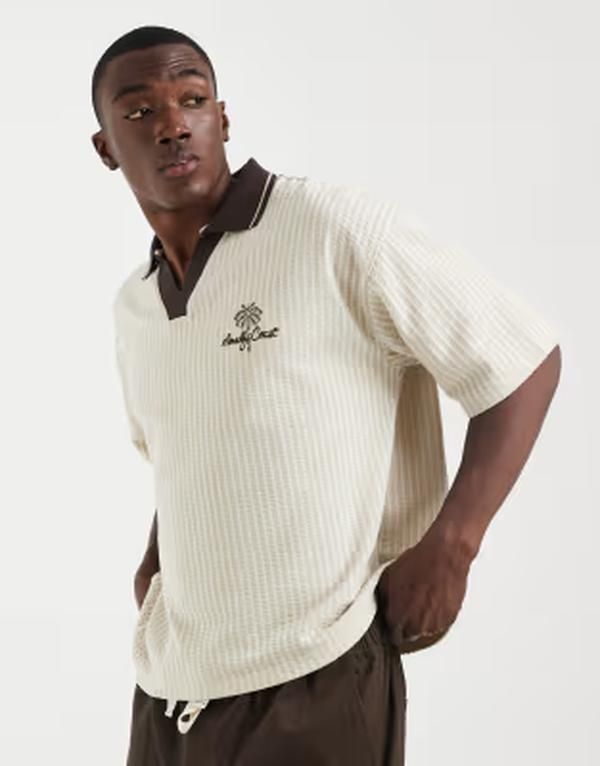 エイソス メンズ トップス ポロシャツ ASOS DESIGN boxy oversized polo with chest embroidery in cream texture BEIGE ベージュ