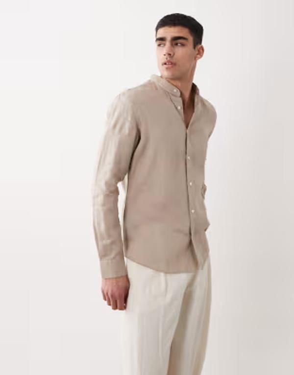 マンゴ メンズ トップス シャツ リネン Mango 100 linen mao neck long sleeve shirt BEIGE ベージュ