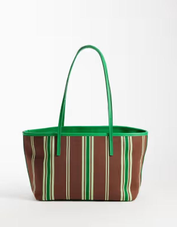 エイソス レディース バッグ ニット ASOS DESIGN striped knitote bag and chocolate GREEN AND CHOCOLATE グリーン
