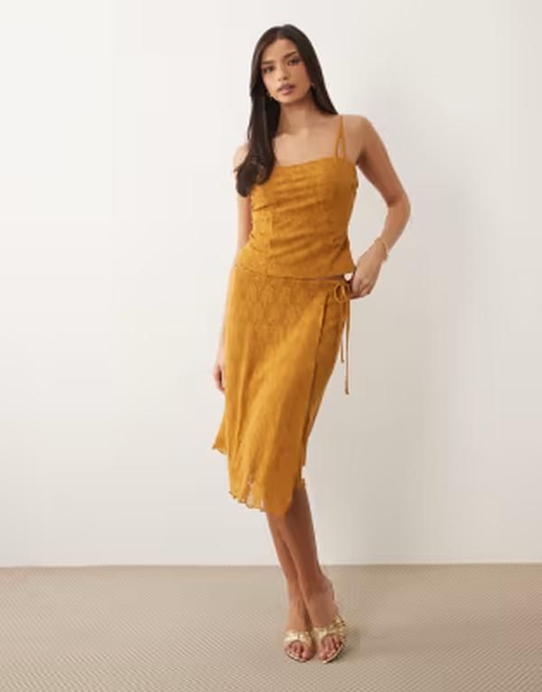 エイソス レディース ボトムスカート レース ASOS DESIGN wrap over lace awkward length skirt part of a set BROWN ブラウン