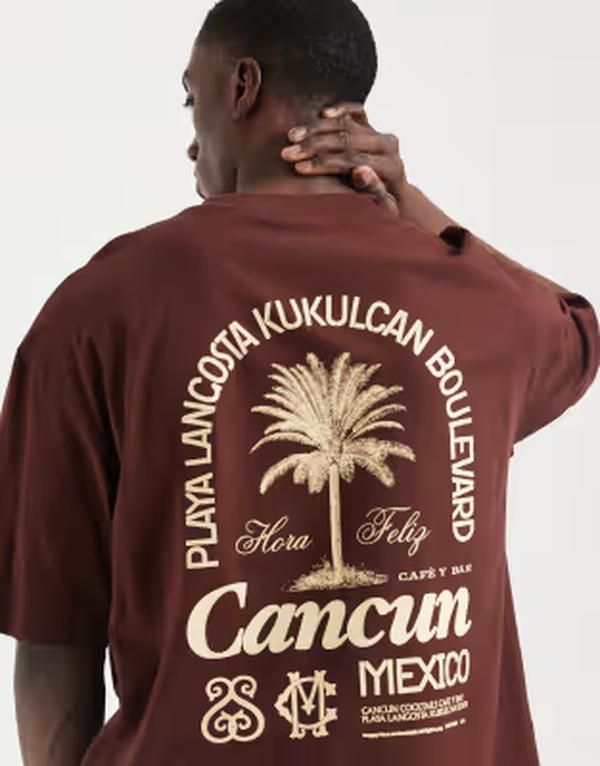 エイソス メンズ トップス Tシャツ グラフィック ASOS DESIGN oversized Tshirt with palm graphic Rum Raisin バーガンディ