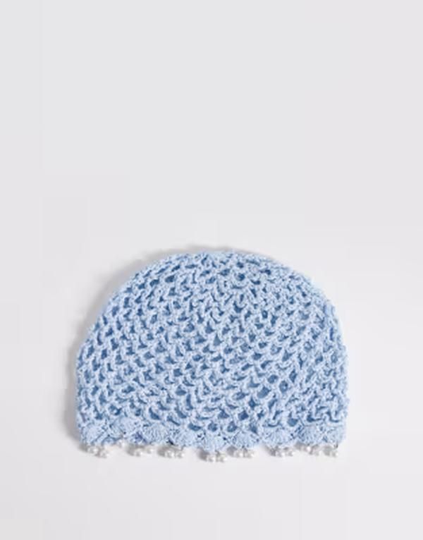 マイアクセサリーズ レディース 帽子 フリンジ My Accessories beanie with faux pearl fringe trim in baby LIGHT BLUE ブルー