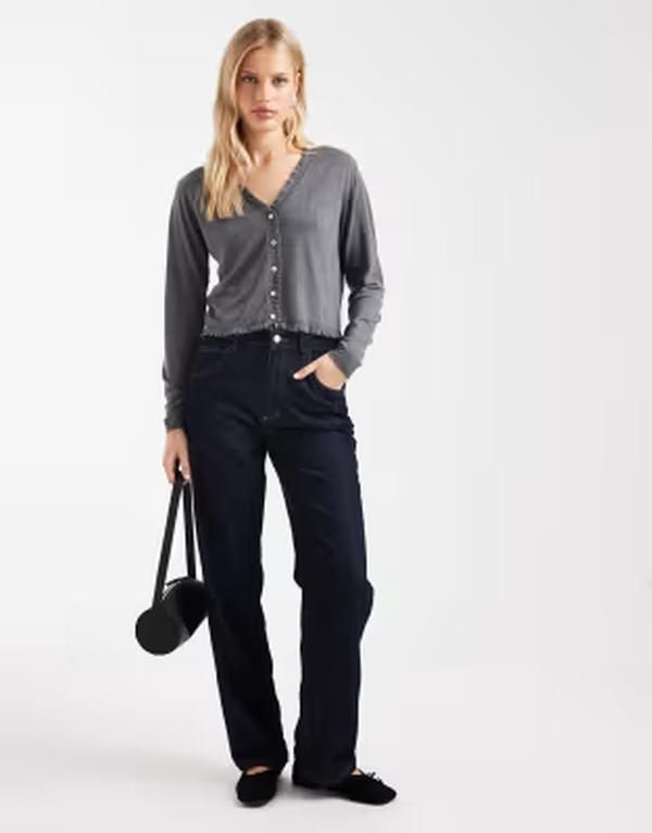マンゴ レディース アウター カーディガン Vネック Tシャツ ニット Mango Teen v necknit cardigan with frill trim Gray グレー