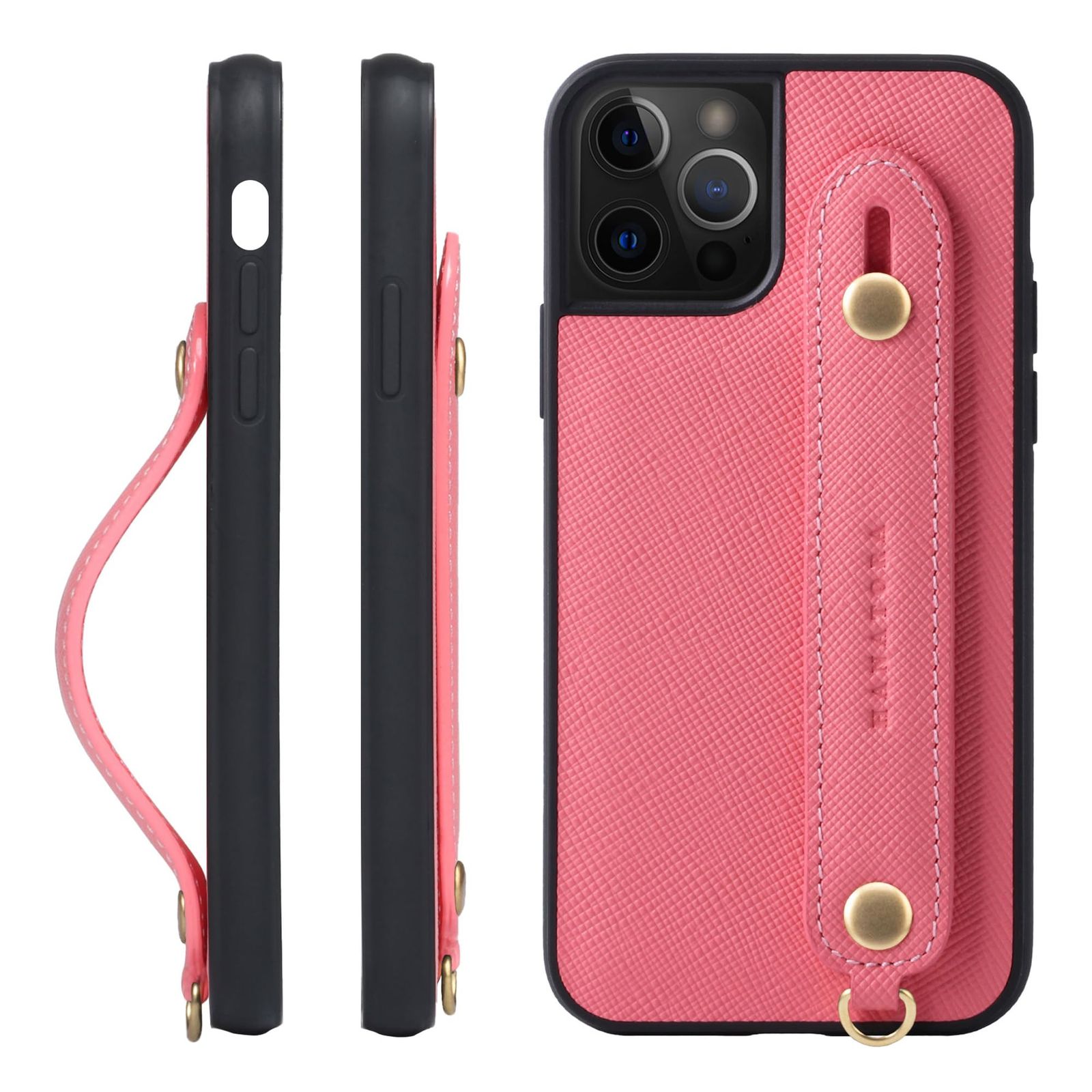 新品 HANATORA for iPhone 15Pro ケース 本革 耐衝撃 背面ベルト ストラップリング スマホケース スマホ スタンド機能 ガラスフィルム 付き サフィアーノ レザー ギフト マグネットなし ピンク XGH-15Pro-Pink