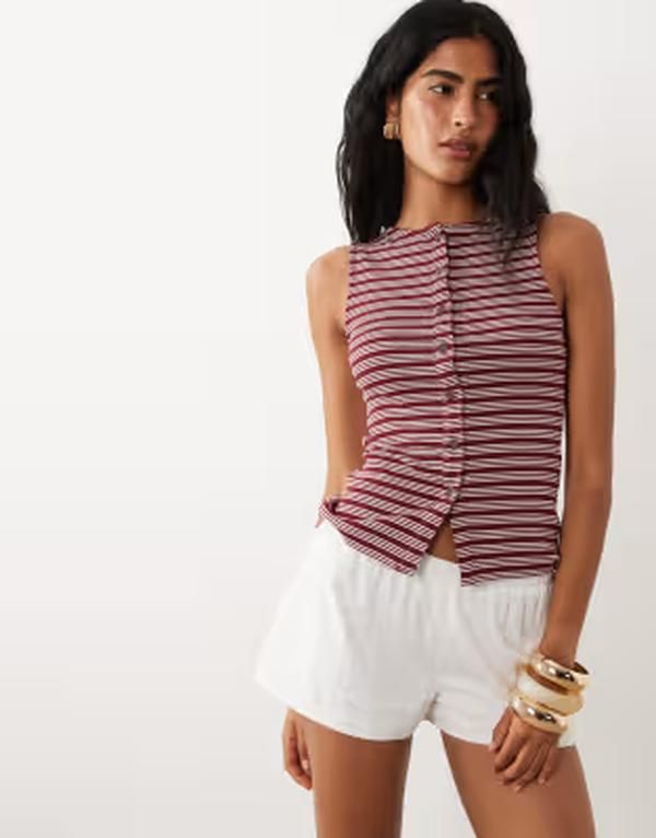 ブレーブソウル レディース トップス ベスト ボタンダウン Brave Soul button down tank top and cream stripe Burgundy バーガンディ