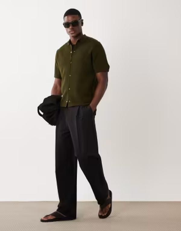 エイソス メンズ トップス ポロシャツ ニット ASOS DESIGN relaxed knit waffle button upolo shirt Khaki カーキ