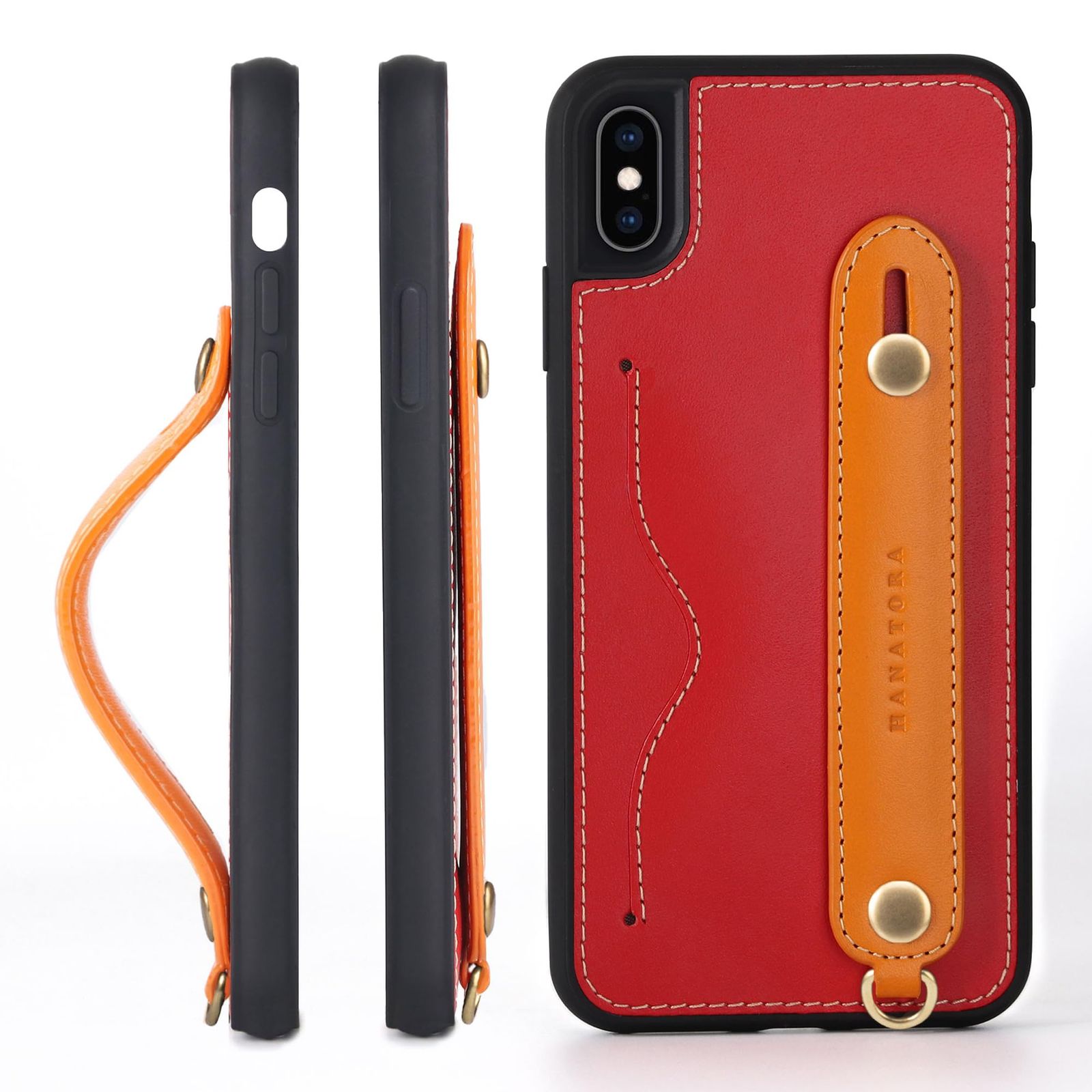 新品 HANATORA for iPhone XSMax ケース 本革 耐衝撃 背面ベルト ストラップリング スマホケース スマホ スタンド機能 ネックストラップ 付き イタリアンレザー ギフト レッド+オレンジ CGH-XsMax-Red-OG