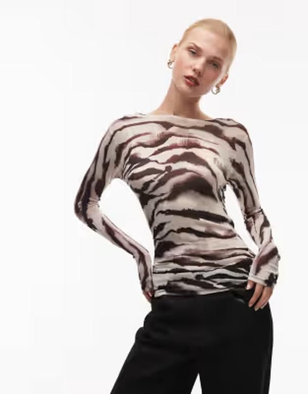 エイソス レディース アウター ニット・セーター プリント ギャザー シアー ASOS DESIGN sheer knit softouch ruched sides top in monochromatic print Mono print