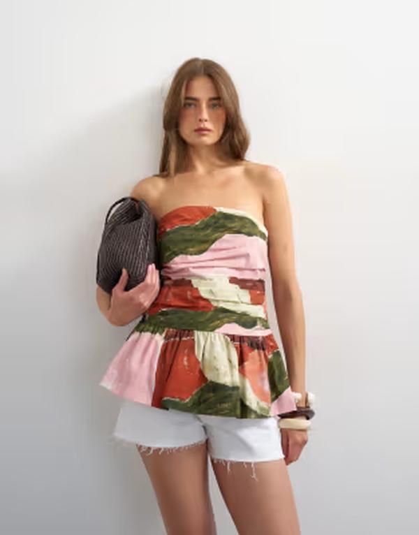 トップショップ レディース トップス タンクトップリント Topshop gathered bust bandeau top with peplum hem in abstract print Abstract print