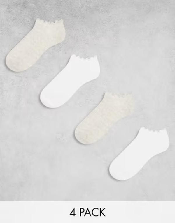 リンデックス レディース アンダーウェア 靴下 リブ アンクル Lindex 4pack ribbed ankle socks with frill edge and WhiteBeige ホワイト