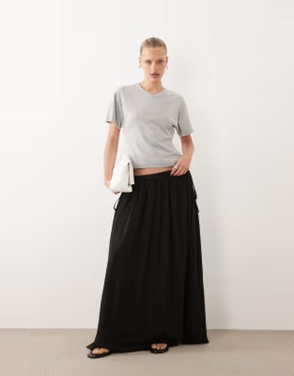 エイソス レディース ボトムスカート マキシ ASOS DESIGN tie waist soft crinkle maxi skirt Black ブラック