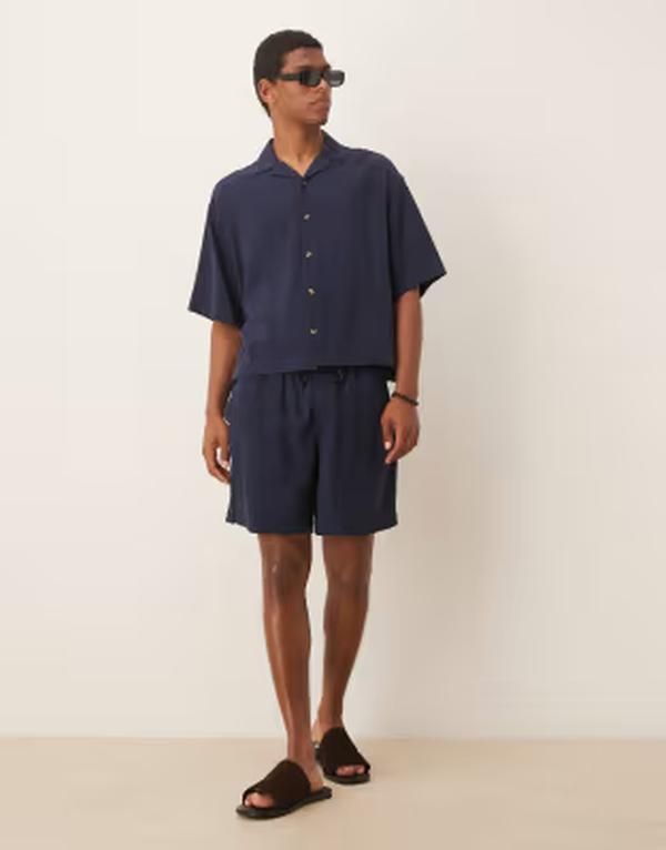 エイソス メンズ ボトムス ハーフパンツ・ショーツ ショートパンツ リネン ASOS DESIGN baggy fit pull on shorts linen blend part of a set NAVY ネイビー
