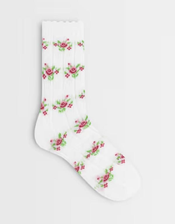 ピーシーズ レディース アンダーウェア 靴下 プリント PIECES pointelle socks with rose print White ROSES ホワイト