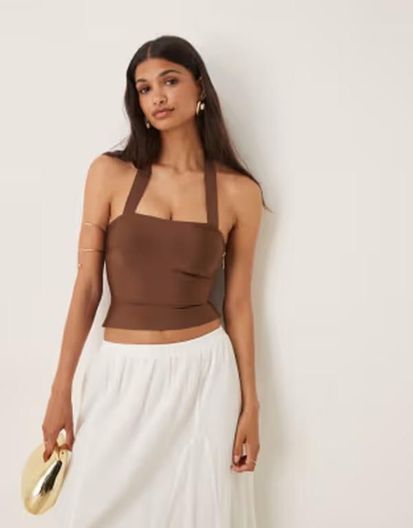 エイソス レディース トップス Tシャツ ホルター ASOS DESIGN bandage halter strap top Brown ブラウン