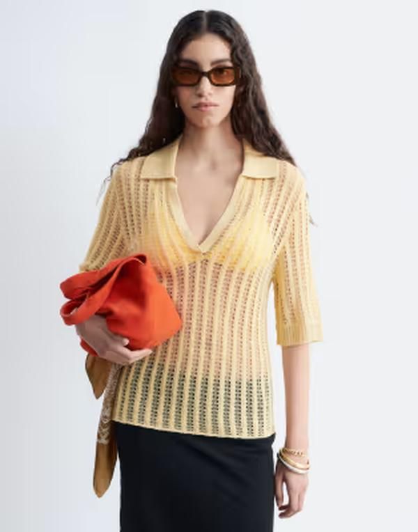 アンドアザーストーリーズ レディース トップス Tシャツ ポロシャツ ニット Other Stories open knit crochet polo in buttermilk yellow Butter yellow イエロー