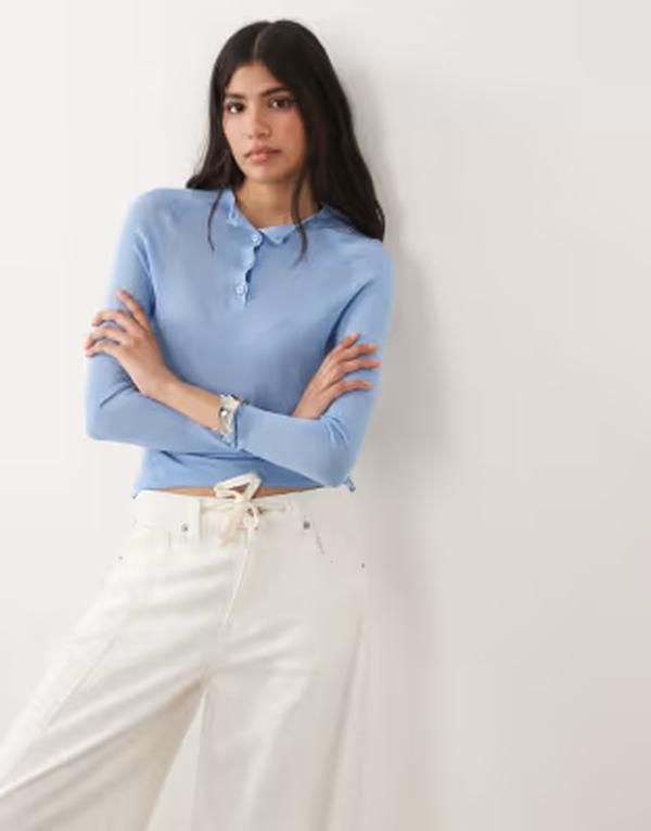 エイソス レディース トップス Tシャツ シアー ニット ASOS DESIGN fine knit sheer henley top Blue ブルー