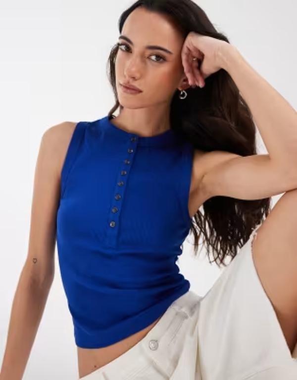 エイソス レディース トップス ベスト ノースリーブ ASOS DESIGN button detail sleeveless tank top in bright blue ブルー