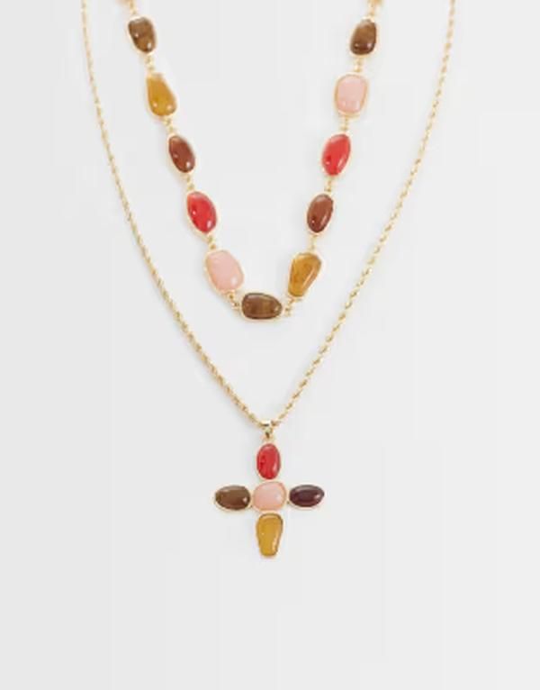 リクレイム ヴィンテージ レディース アクセサリー ネックレス・チョーカー・ペンダントトップ レース Reclaimed Vintage 2 row pendant necklaces with semi precioustones Multi マルチカラー