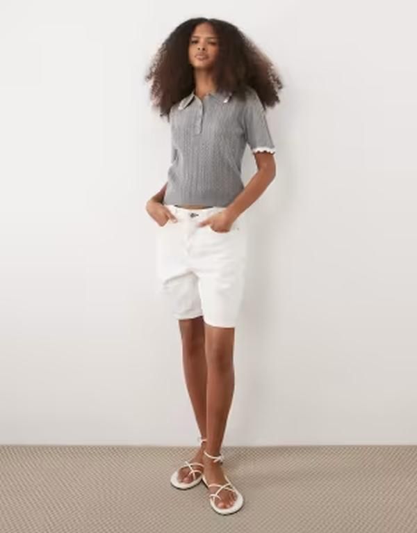 スリードベア レディース トップス ポロシャツ ニット Threadbare short sleeve pointelle knit polo top with tipping LIGHT GRAY グレー