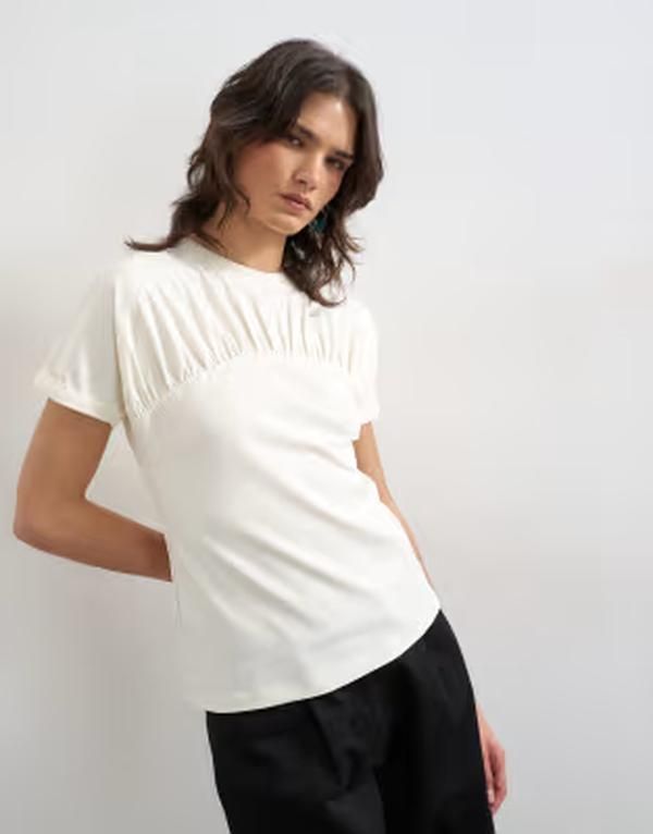 トップショップ レディース トップス Tシャツ キャップ Topshop gathered yoke cap sleeve tshirt in ecru エクリュ