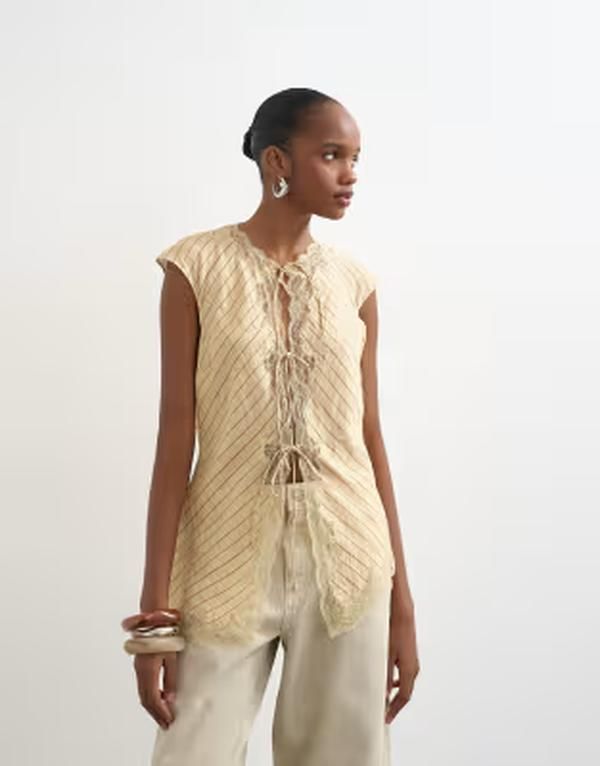 トップショップ レディース トップス タンクトップ アシンメトリー キャップ レース Topshop cap sleeve asymmetric tie front lace detailing top in yellow stripes Yellow Str