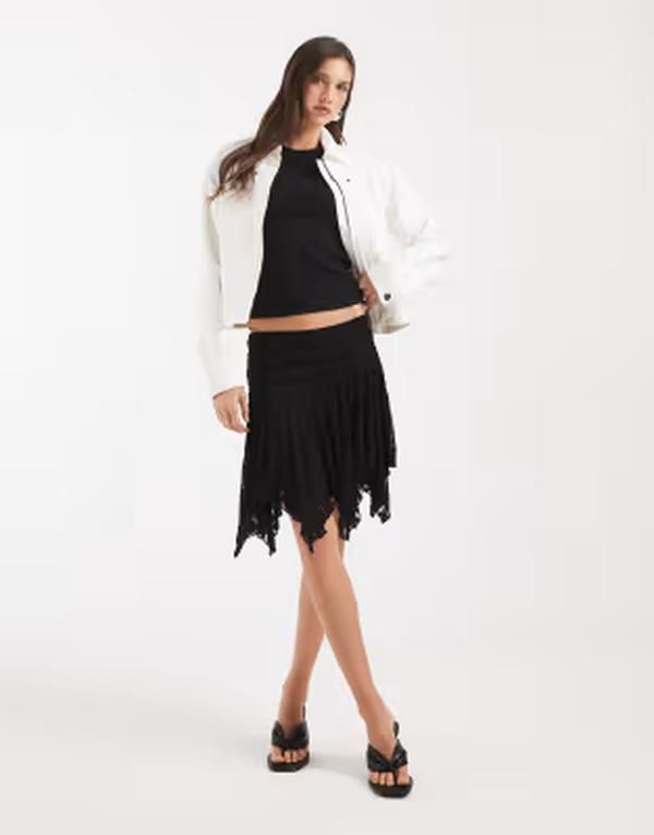 ピーシーズ レディース ボトムスカート アシンメトリー ミニ レース Pieces asymmetric hem flippy lace mini skirt Black ブラック