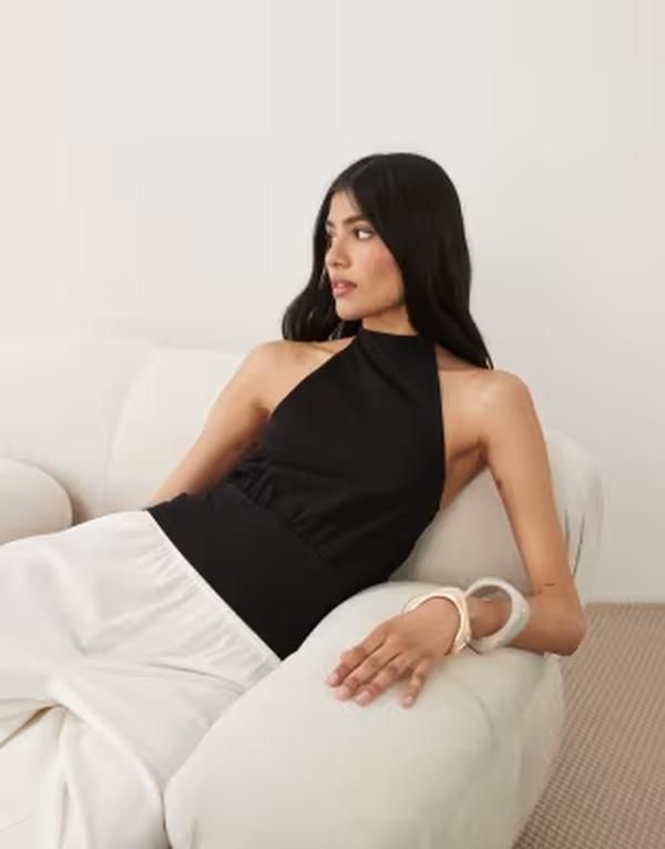 エイソス レディース トップス Tシャツ ホルター ASOS DESIGN cinch waist halter top Black ブラック