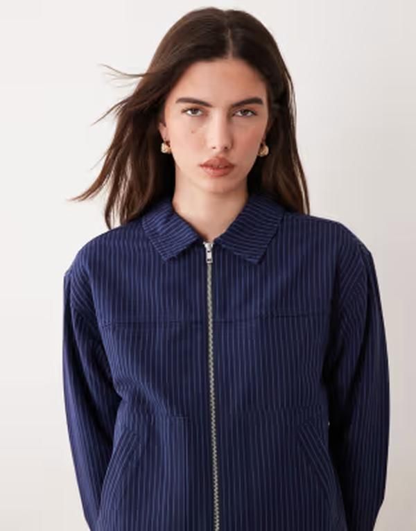 エイソス レディース アウター コート ジャケット ASOS DESIGN top collar zip up jacket stripes Navy stripe ネイビー