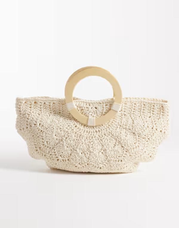 サウスビーチ レディース バッグ South Beach crochet clutch bag with wooden handle in cream NEUTRAL クリーム 12,854円