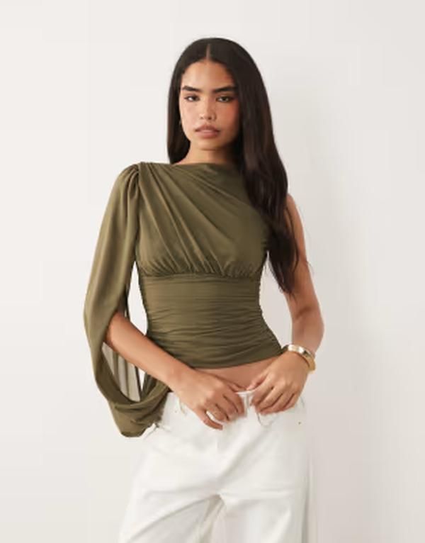 エイソス レディース トップス タンクトップ ケープデザイン アシンメトリー ギャザー キャップ ケープ ASOS DESIGN asymmetric ruched cape sleeve top Khaki カーキ