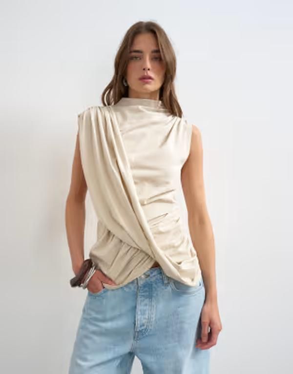トップショップ レディース トップス タンクトップ ドレープ Topshop drape front heather tunic top in oat ヘザー