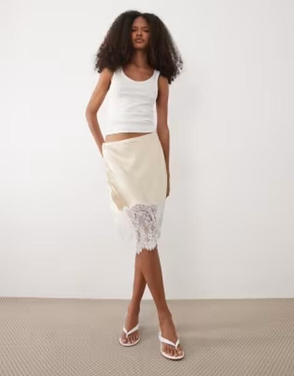 マンゴ レディース ボトムスカート ひざ丈 サテン レース Mango satin and lace knee length skirt BEIGE ベージュ 17,266円