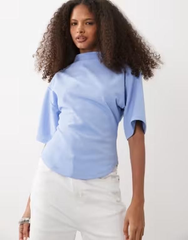 エイソス レディース トップス Tシャツ ハイネック ASOS DESIGN short sleeve withigh neck top Blue ブルー